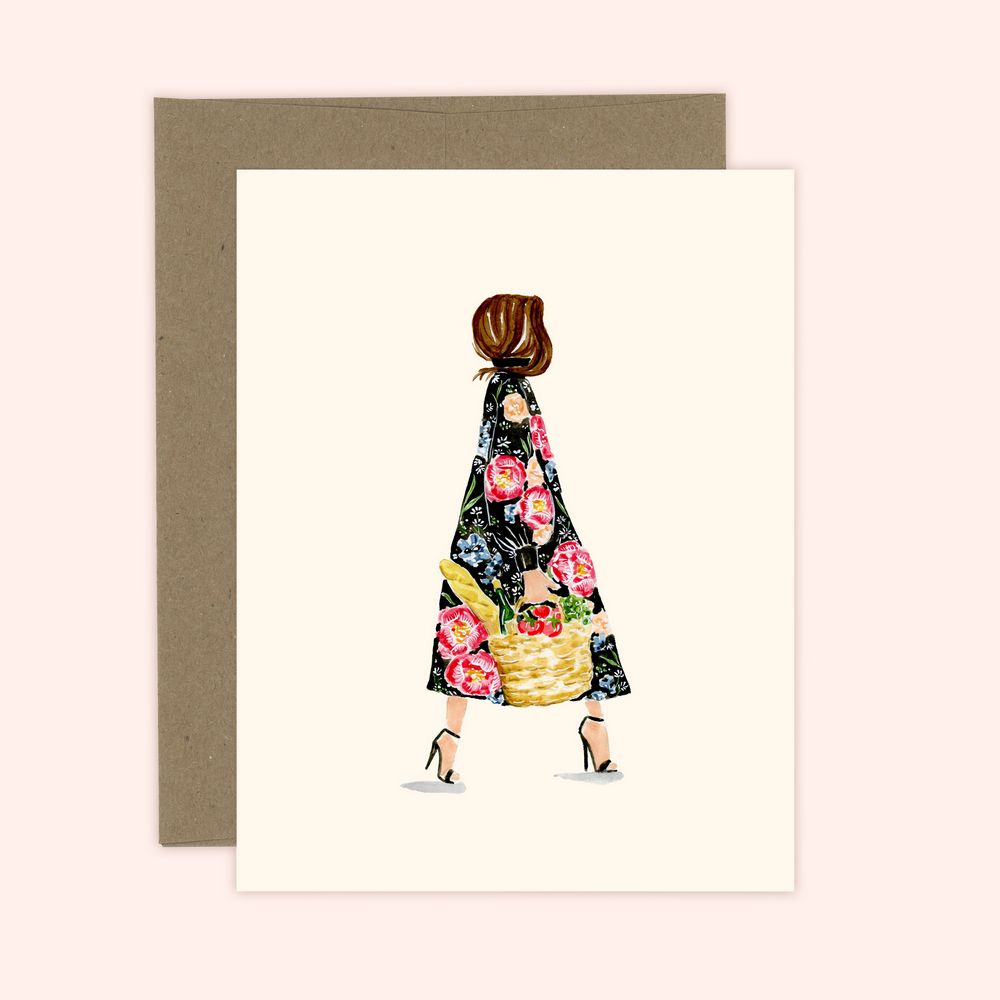 Floral Baguette Market Girl Card