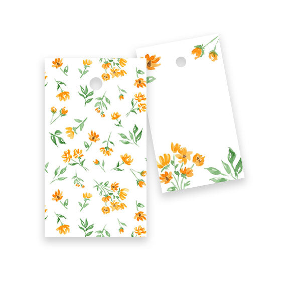 Almeida Illustrations watercolor yellow floral on white gift tags, set of 8, front and back view