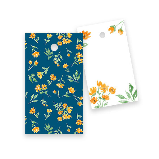 Almeida Illustrations watercolor yellow floral on navy gift tags, set of 8, front and back view