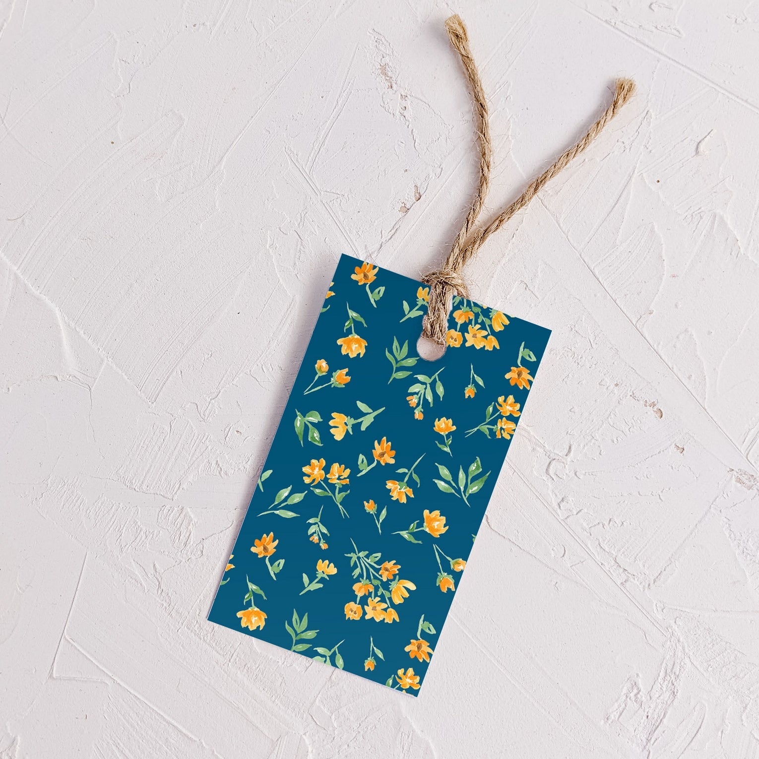 Almeida Illustrations watercolor yellow floral on navy gift tags, set of 8, front view