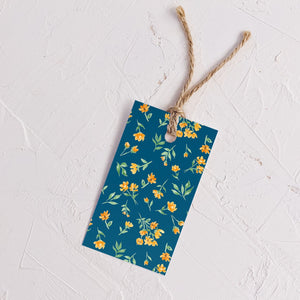 Almeida Illustrations watercolor yellow floral on navy gift tags, set of 8, front view