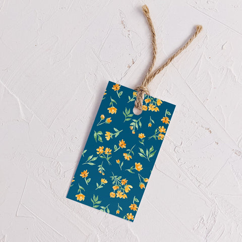 Almeida Illustrations watercolor yellow floral on navy gift tags, set of 8, front view