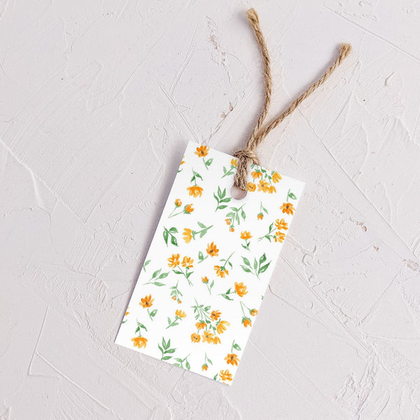 Almeida Illustrations watercolor yellow floral on white gift tags, set of 8, front view