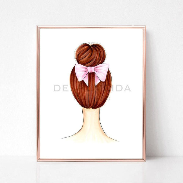 red head hair  Bow Bun  Art Print Fashion Illustrations bun hair