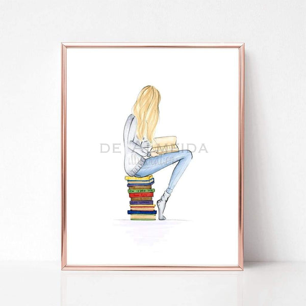 Blond Long hair bookworm art print wall decor