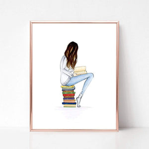 Long hair bookworm art print wall decor