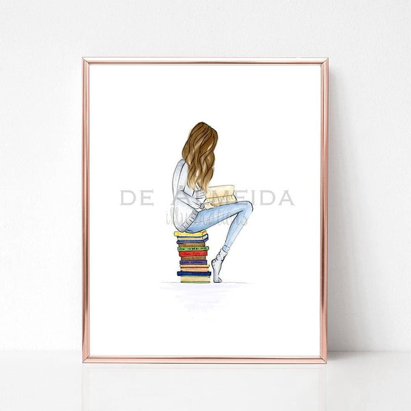 Light brown Long hair bookworm art print wall decor