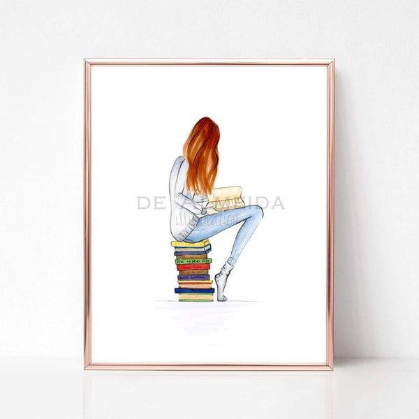 Red head Long hair bookworm art print wall decor