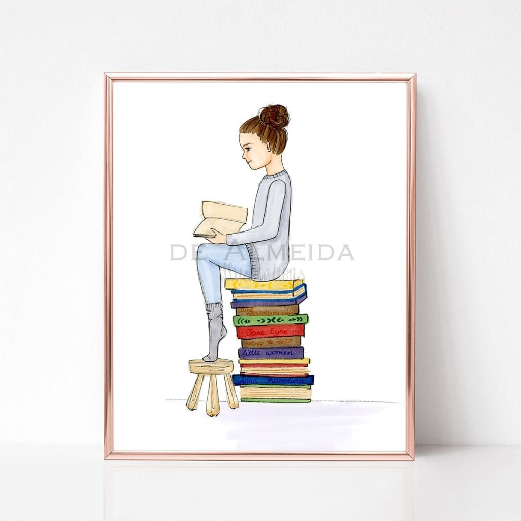 SALE Mini Bookworm - brunette 8x10 - 8 x 10 - Art Print