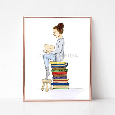 SALE Mini Bookworm - brunette 8x10 - 8 x 10 - Art Print